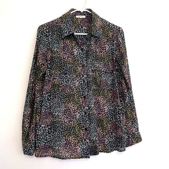 PLEIONE ANTHROPOLOGIE ANTHRO Black Multi Floral Long Sleeve Button Down Blouse S - Picture 2 of 13